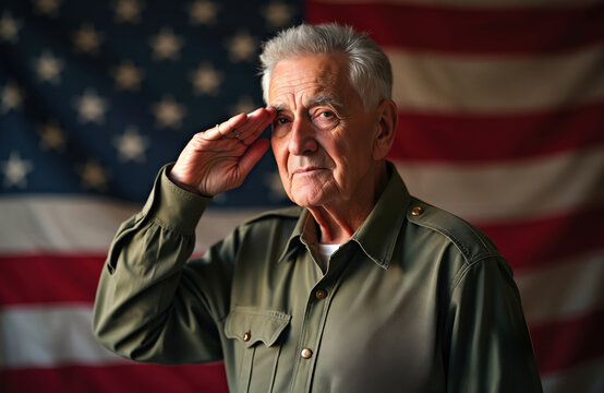 Elderly military veteran in uniform salutes, hand on heart. Senior stands before American flag, shows respect and gratitude. Patriotic theme, celebration, Memorial Day, Independence Day, veterans day.