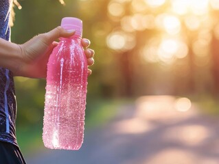 Woman's Hand Holding Pink Water Bottle Outdoors in Sunlight