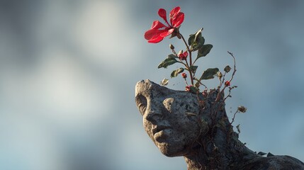 A red flower growing from a broken statue head, symbolizing hope, life, and imagination in surreal nature. 
