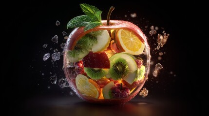 A GMO-themed concept featuring an apple with mixed fruit slices inside, exploring artificial and natural fusion. 