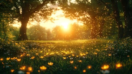 Obraz premium Golden sunset in a grassy park filled with glowing insects.