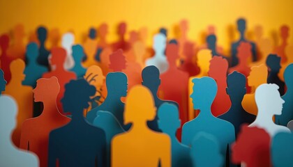 Obraz premium Colorful paper cut-out crowd diverse abstract silhouettes, cubist style. Illustration of community, people, group. Representing togetherness, social, human diversity, society.