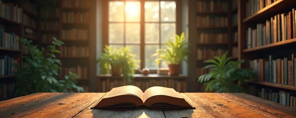 Open book on wooden table in cozy, sunlit library. Bookshelves with numerous books, green plants near window create learning atmosphere, study room. Sunlight enhances reading, knowledge, education,