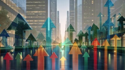 Brightening horizon light sparking translucent arrows rising and pulsing over reflective pavement - Powered by Adobe