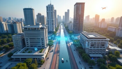 Fototapeta premium Aerial drone view of cityscape showing AI-powered object recognition. Highlights buildings vehicles pedestrians. Urban landscape, smart city, modern tech, future tech, big data analysis.