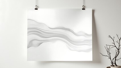 Minimalist white paper with abstract grey waves hanging on a wall with a branch