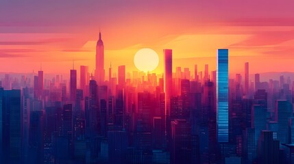 Majestic Cityscape with Vibrant Sunset Skyline