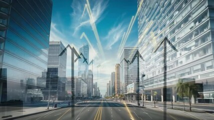 Fading in translucent upward arrows and zigzag overlays ascending over city avenue, showing growth - Powered by Adobe