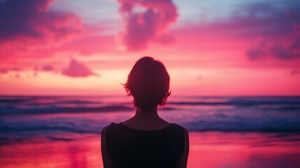 Woman Silhouetted Against Vibrant Pink and Purple Sunset Over Ocean