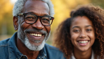 Joyful portrait of senior black man and teenage girl. Happy grandfather with granddaughter smile outdoors. Family, togetherness, love, support, bonding, positive emotion, smiling faces.