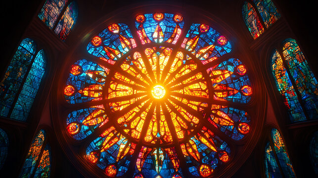 Vivid stained glass rose window in a cathedral radiating warm light and mystical religious art - Powered by Adobe