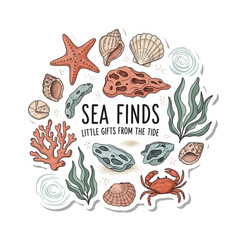 Circular design showcasing various sea creatures and objects found on the shore.