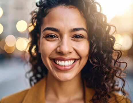 Young hispanic latin woman smiling at sunset 
