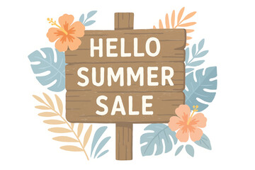 Hello Summer Sale Wooden Sign Tropical Leaves Hibiscus Flowers