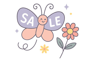 Cute Cartoon Butterfly Sale Wings Flowers Spring Garden