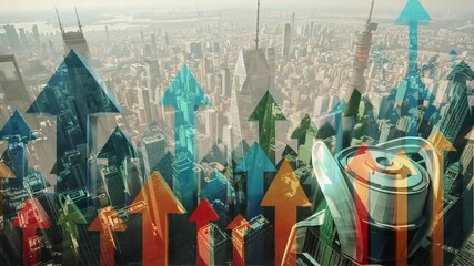 Opening with colored arrows ascending over city skyline, revealing glass-and-steel high-rise tower - Powered by Adobe