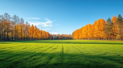 Scenic autumn view showcasing a vacant green forest.