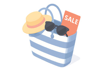 Beach Bag with Hat Sunglasses and Sale Tag Summer Shopping Vacation Essentials