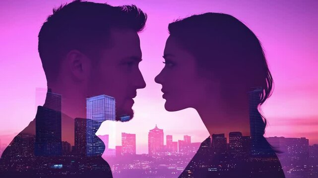 A silhouette of a man and woman facing each other against a vibrant city skyline at sunset.