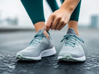 Woman Tying Shoelaces on Light Grey Athletic Shoes Outdoors