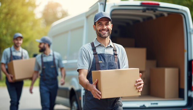 Smiling mover holds cardboard box, shows thumbs up. Men load boxes into a delivery van. Teamwork transport service. Smiling courier delivers parcel. Commercial logistics industry. - Powered by Adobe
