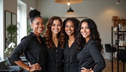 Four smiling beauty salon specialists posing together. Attractive, happy women wear black uniform. Hairdressers team, spa, wellness, beauty center. Professional beauty services for clients. Teamwork,