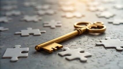Blurred abstract image with golden key and puzzle fragments representing discovery and answers
