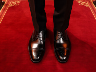Close up man's shoes on red carpet.