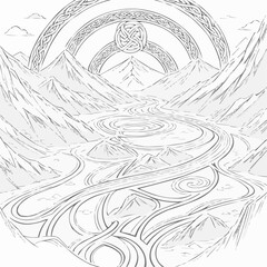 Fototapeta premium Intricate landscape illustration with rivers and mountains featuring Celtic patterns for coloring 