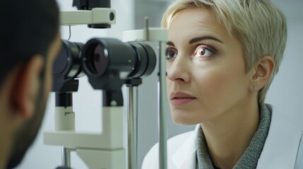 Woman Undergoing Eye Examination by Medical Professional
