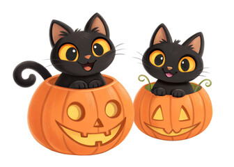 Fototapeta premium Cute Black Cats in Jack-o'-Lanterns for Halloween Decor