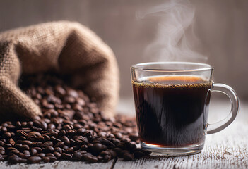 Steaming hot black coffee in a glass mug with roasted coffee beans spilling from a burlap sack