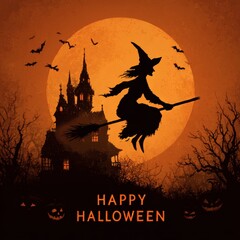 Spooky Halloween night with a haunted house and castle silhouette, bats, and pumpkins under a full moon