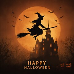 Spooky Halloween night with a haunted house, full moon, flying bats, and scary pumpkin silhouettes perfect for an autumn holiday party celebration design