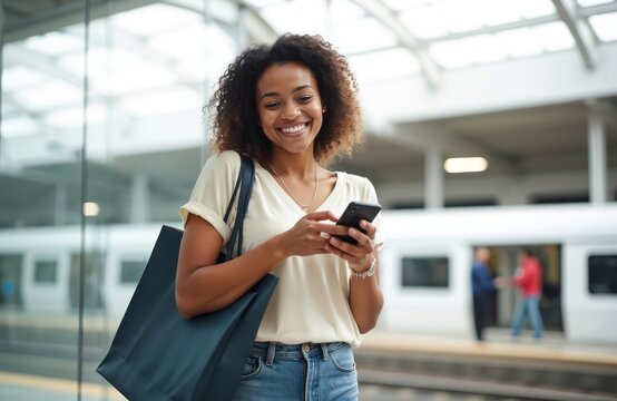 Young woman smiling with phone, shopper, waiting public transport at city station. Female uses mobile device, texts message. Happy lady outdoors at urban platform, holds bag. Lifestyle, travel, - Powered by Adobe