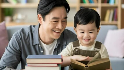 A happy Asian father watches his young son with a smile as the child joyfully reads a book at home - Powered by Adobe