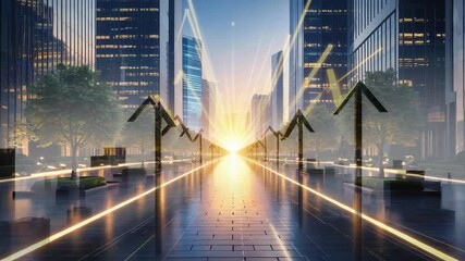 Fading upward arrows guiding camera through tiled plaza to rising sun with golden beams converging - Powered by Adobe