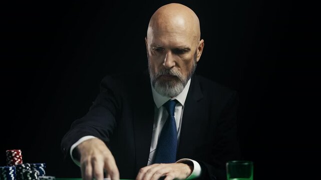 Middle-aged man in suit feeling nervous while raising poker bet, taking a risk