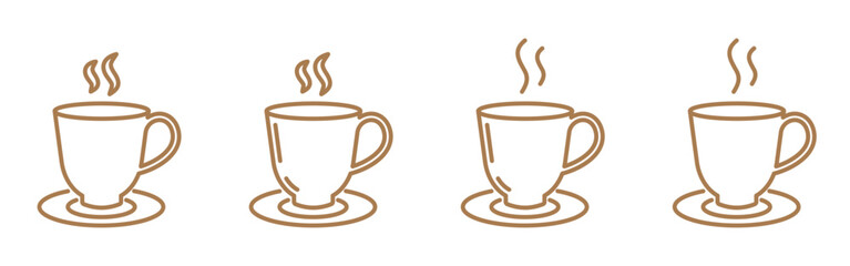 Set of four coffee cup linear icons isolated on transparent background. Simple coffee cup with steam line icons set. Cups with hot beverage icons. Hot drink line icons. Editable stroke.
