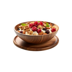  A delightful bowl of healthy granola, brimming with fresh raspberries, crunchy almonds, and dried fruits, ready for a nutritious breakfast png