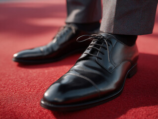 Close up man's shoes on red carpet.