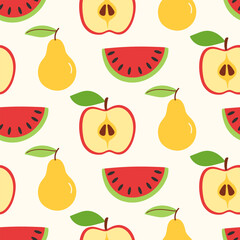 Apple, pear, watermelon fruits seamless pattern