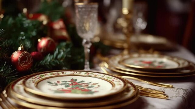 A table with a Christmas tree decoration and a tablecloth. There are four plates with a flower design on them. There are also four wine glasses and four forks