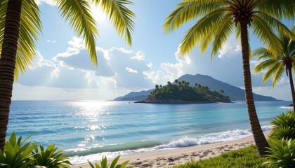 Serene beach scene featuring tall palm trees and clear blue skies creating a relaxing tropical atmosphere