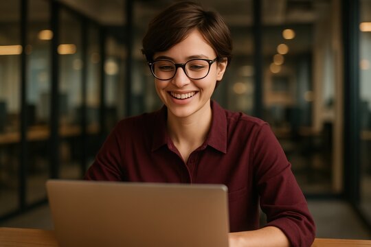 Short-haired woman smiling while on laptop screen during video chat