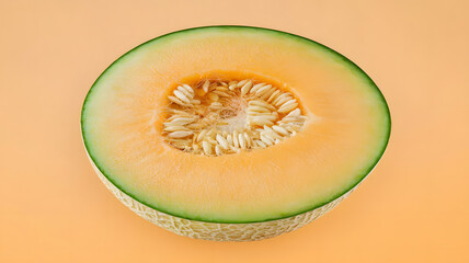 A photorealistic image of a single round slice of cantaloupe melon with a small cavity filled with f