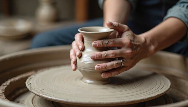 Artisan handcrafts pottery vase on spinning wheel in workshop. Potter shapes clay vessel, handmade art creation. Ceramic studio, potter working on earthenware craftsmanship.