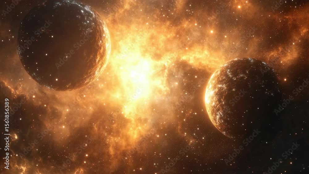 Wall mural a cosmic scene with three planets, possibly moons, around a large star. the nebula background create