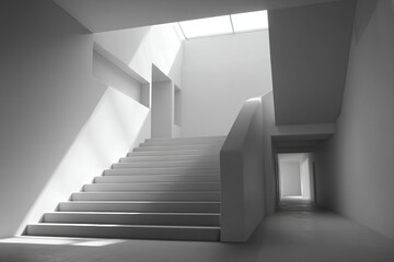 Fototapeta premium Architectural photo of clean white concrete staircase with soft shadows cast through large skylight