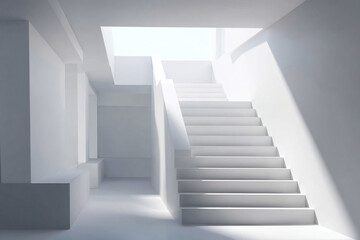 Architectural photo of clean white concrete staircase with soft shadows cast through large skylight